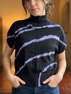 White House Black Market Black Purple Wavy Stripe Mock Neck Dolman Sweater